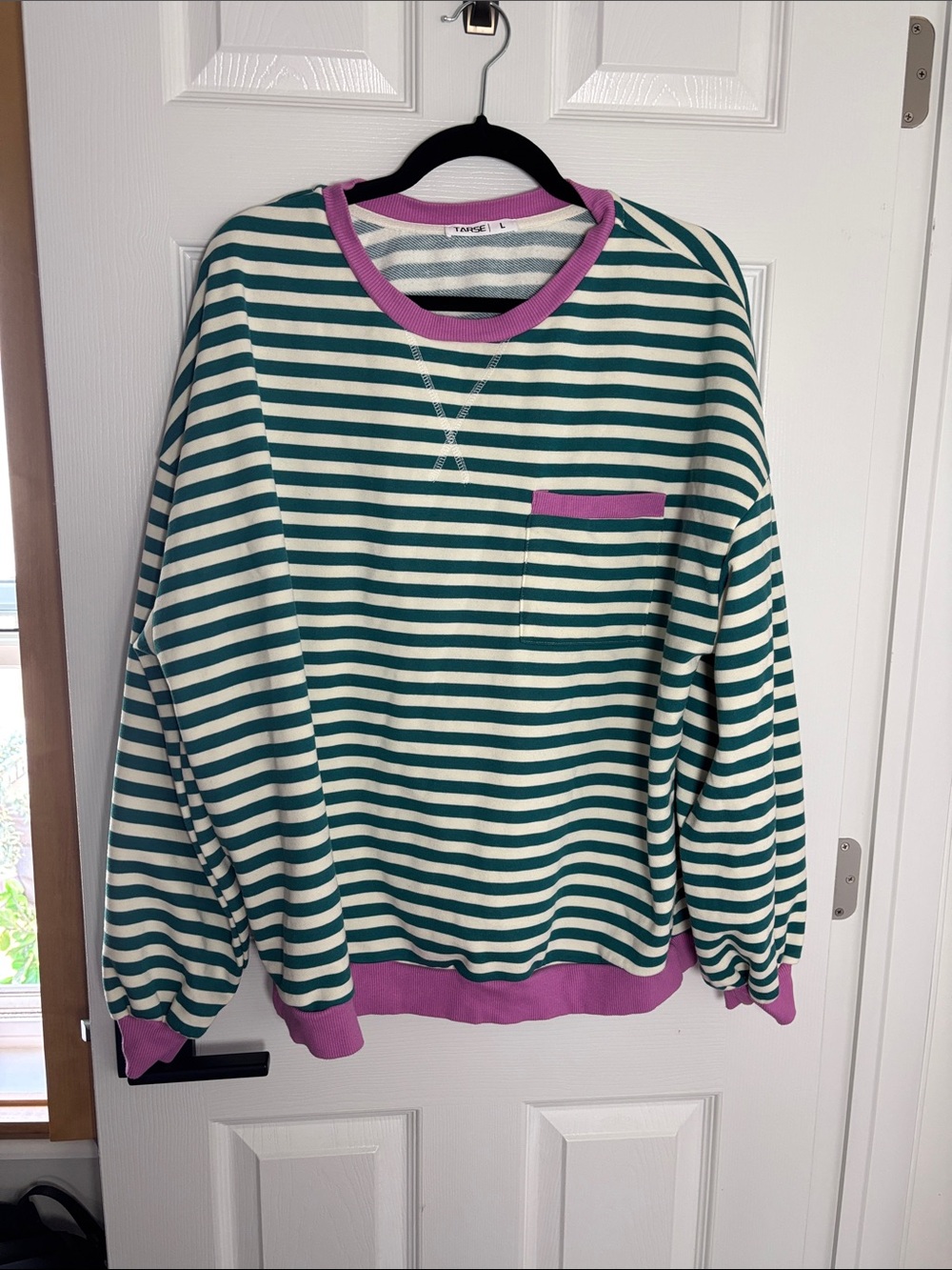 Green & White Striped Crewneck Sweatshirt with Pink Trim